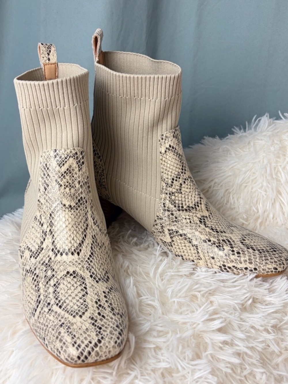 Oasis Society Geradine Snakeskin Ankle Sock Boots Cream Tan Grey